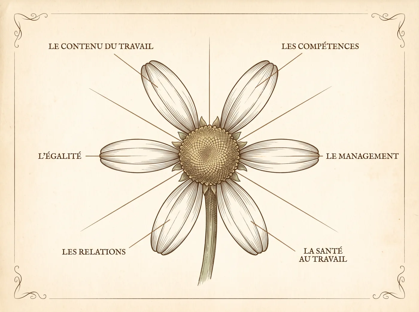 Planche gravée : la marguerite QVT et ses six pétales, un par dimension de la qualité de vie au travail