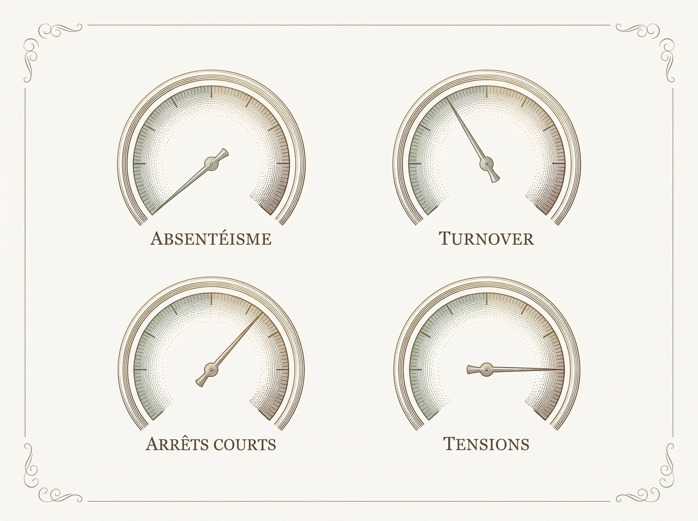 Planche gravée : cadran des signaux, absentéisme, turnover, arrêts courts, tensions