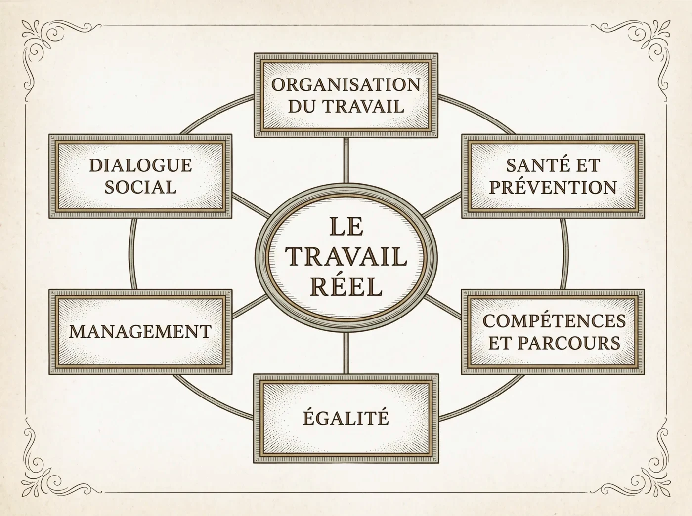 Planche gravée : les six sujets de la QVCT reliés au travail réel