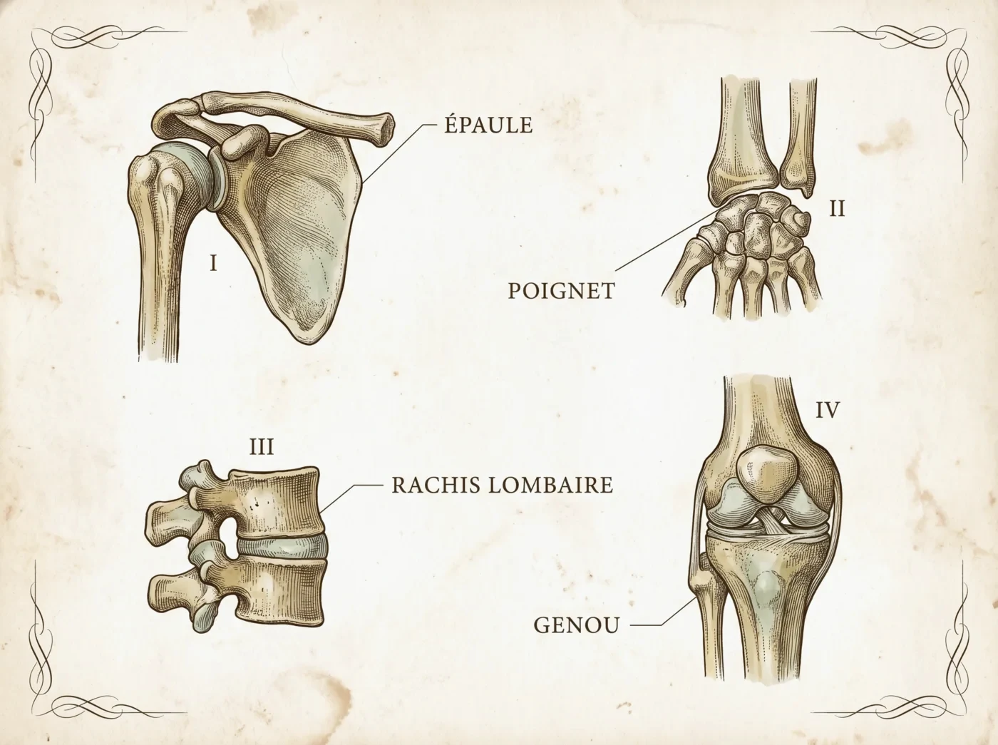 Planche anatomique : épaule, poignet, rachis lombaire et genou