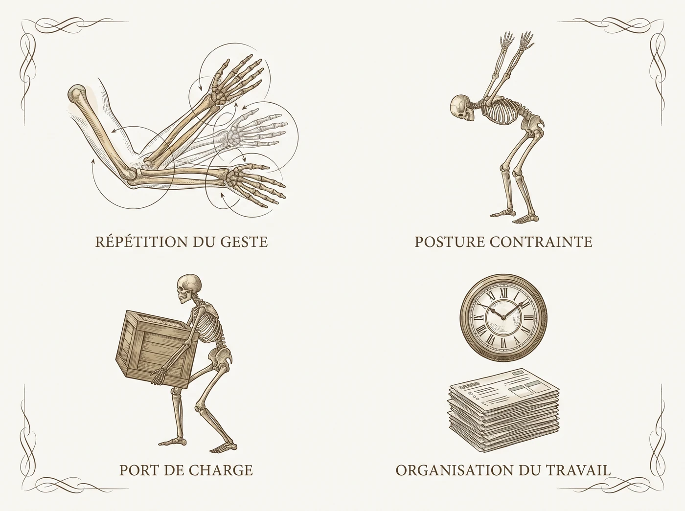 Planche gravée : quatre facteurs de risque, geste, posture, charge, organisation